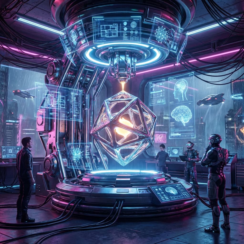 An independent indie game developer struggling at a desk full of complex 3D models and art tools, looking stressed, representing the challenges of traditional asset creation.